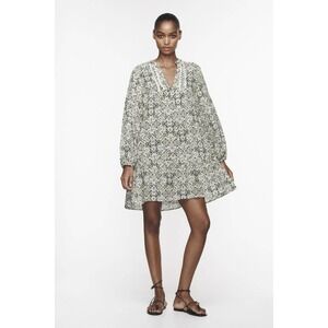 Zara Womens Green Floral Drop Waist‎ Mini Dress Long Sleeve V Neck Size M Boho